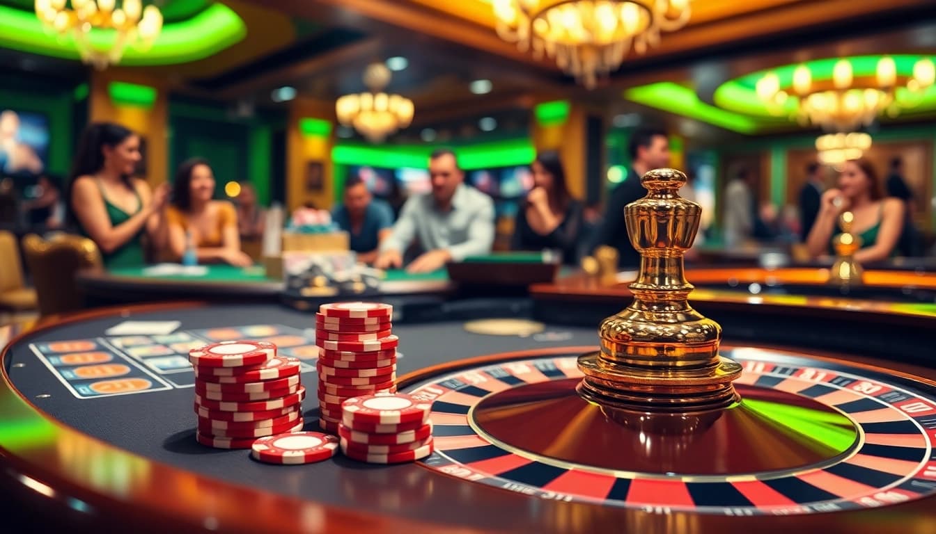 Exciting casino atmosphere showcasing the S8 online gambling experience with vibrant poker chips and a roulette wheel.