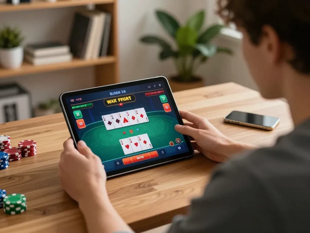 Players strategizing online poker gameplay at home with fly888 on tablet screen.