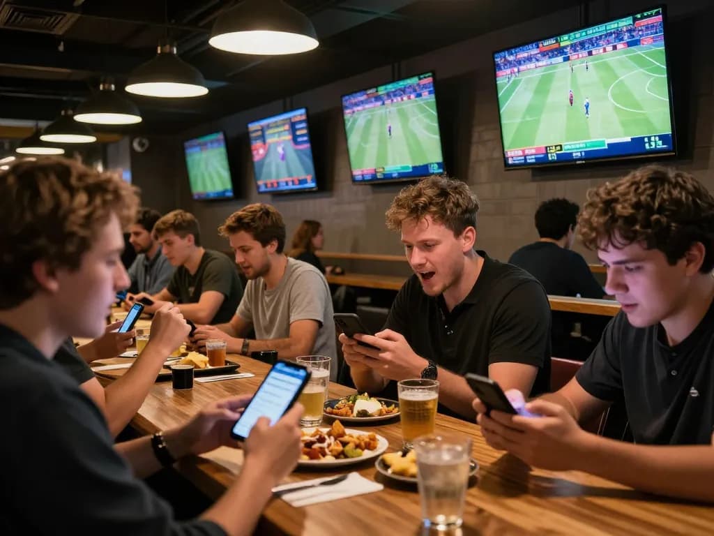 Engaged sports fans using https://rr88.navy/ to place live bets during a thrilling match at a sports bar.
