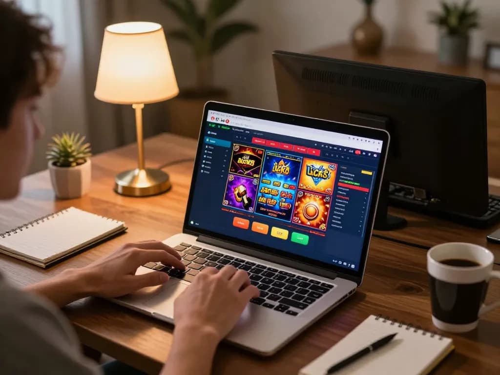 Engaging in online casino gaming at home, showcasing Link luck8 interface with vibrant games and cozy atmosphere