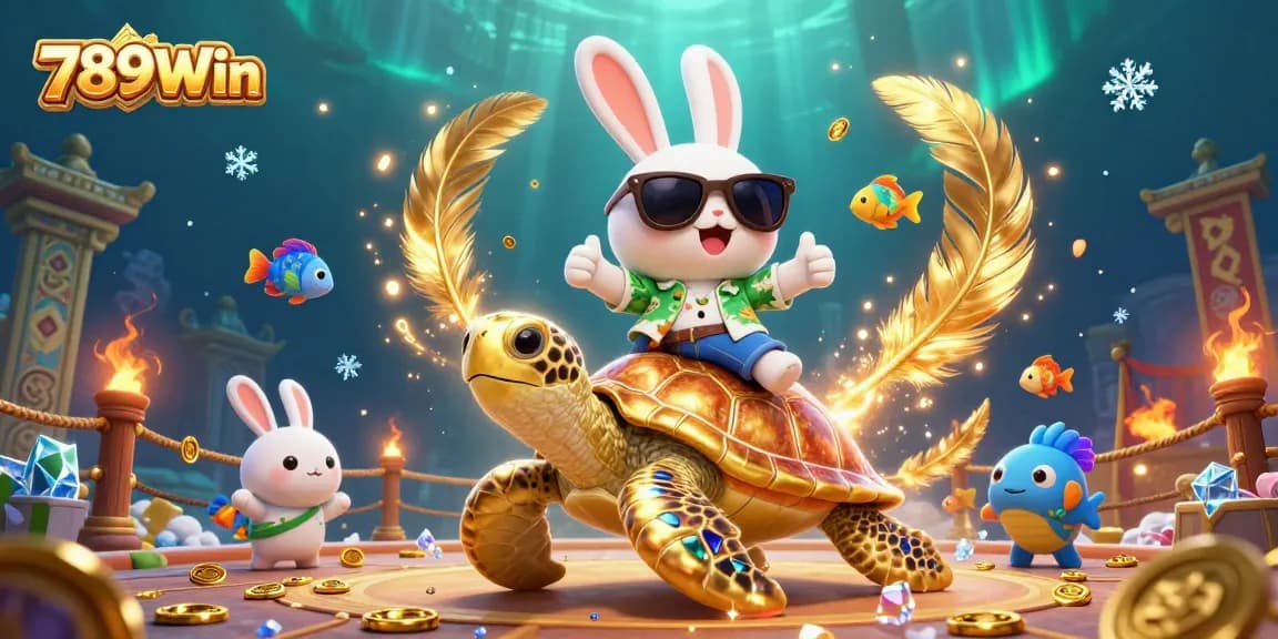 789Win celebrates exciting gaming with a lucky rabbit and a golden turtle in a vibrant casino scene.