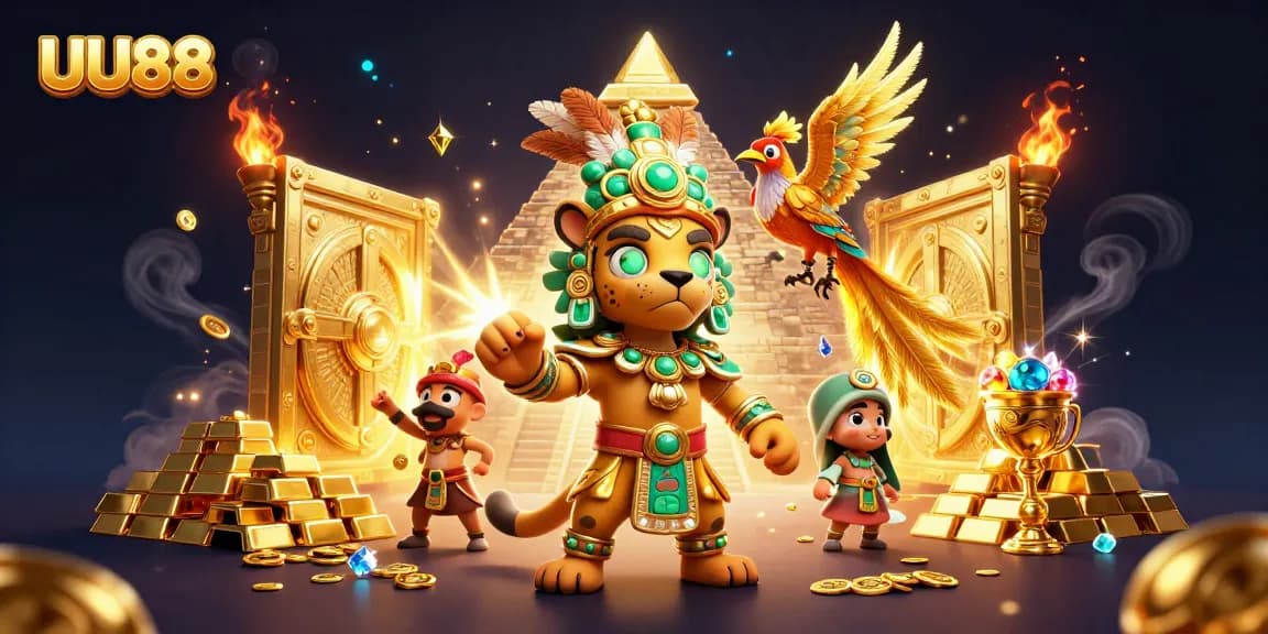 Experience UU88's vibrant online casino world, featuring dynamic characters and gleaming treasures.