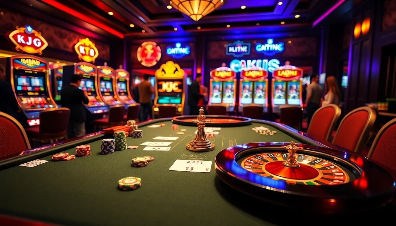 KJC themed casino table with poker chips and roulette wheel in a luxurious gaming atmosphere.