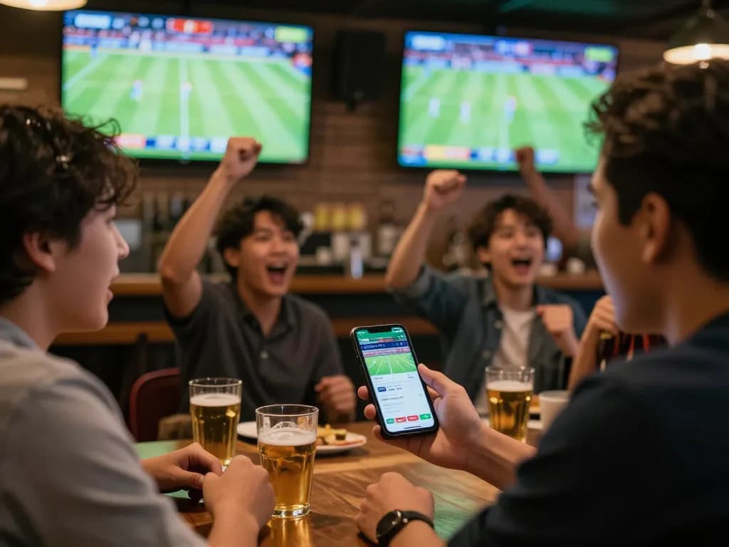 Betting enthusiast checking kèo bóng đá during a live football match at a vibrant sports bar.