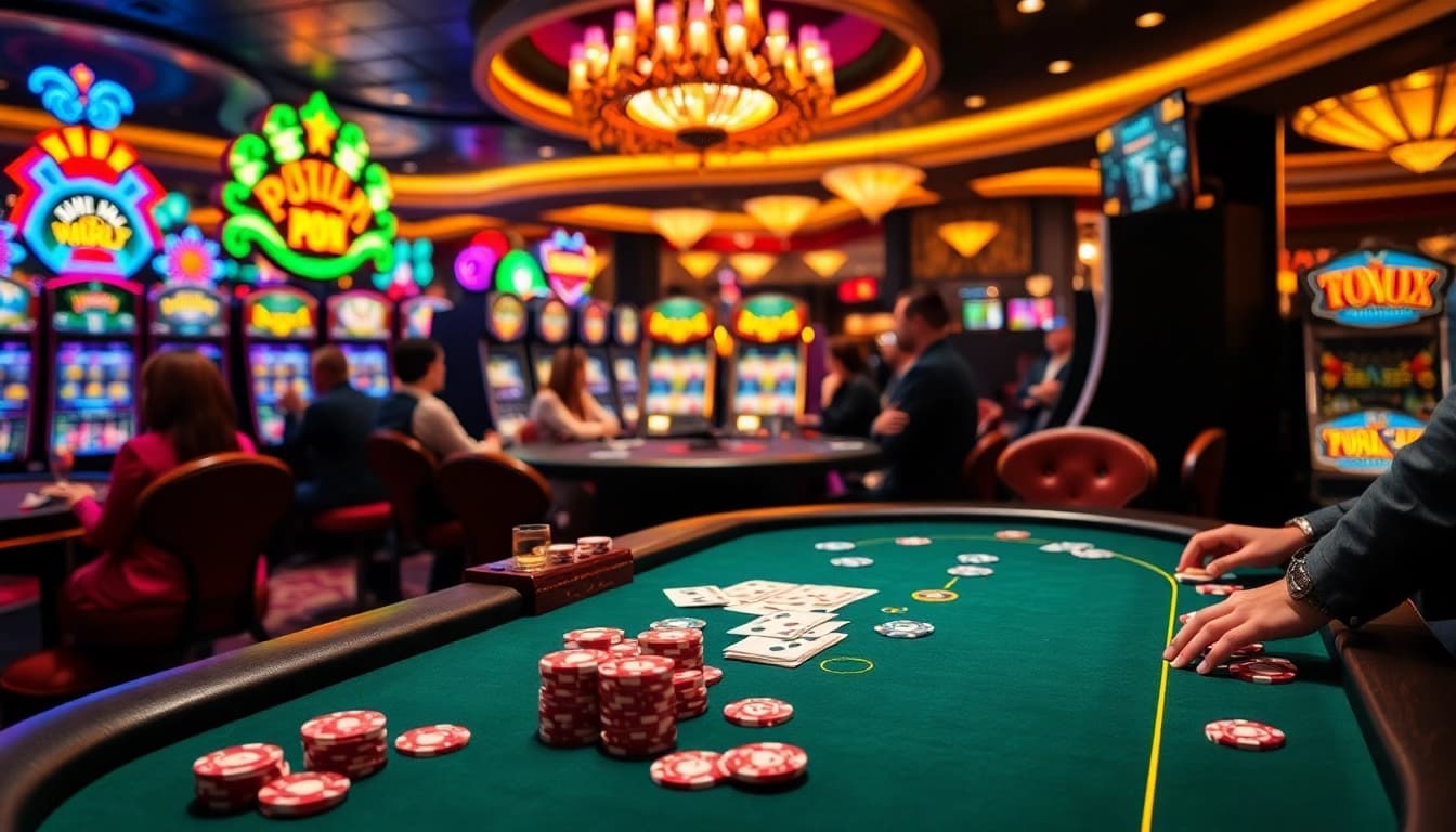 A thrilling gameplay moment at sv66.hu.net with poker chips and cards on an elegant table in a bustling casino atmosphere.