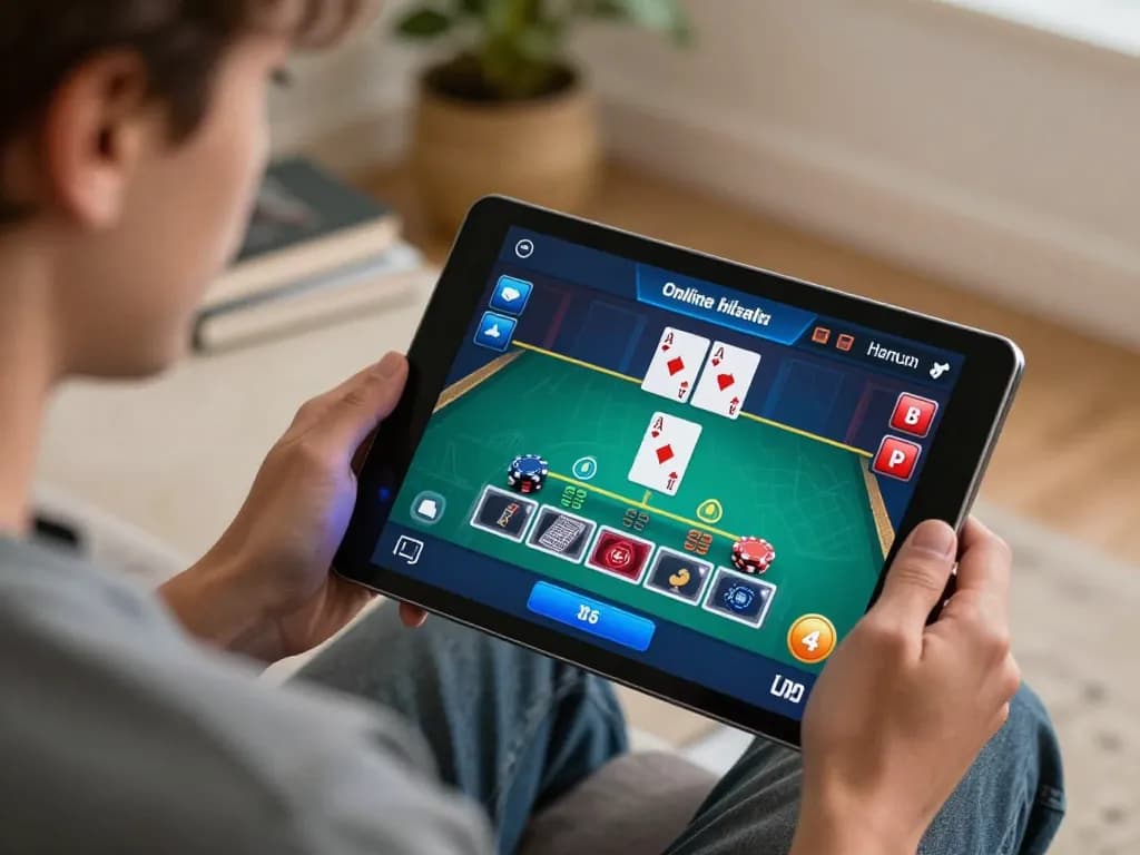 VT88 gaming strategy session with a player focused on blackjack app in a cozy home environment