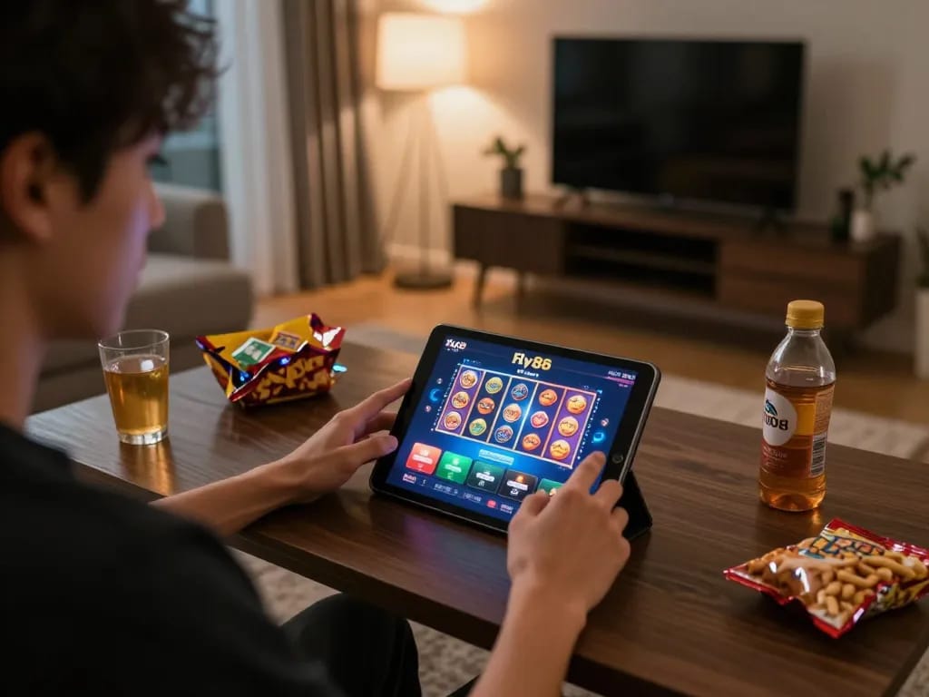 Engaging in Fly88 online casino gaming on a tablet in a cozy home setting