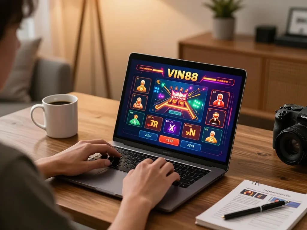 Engaging online gaming scene showcasing VIN88 with vibrant graphics on a laptop.
