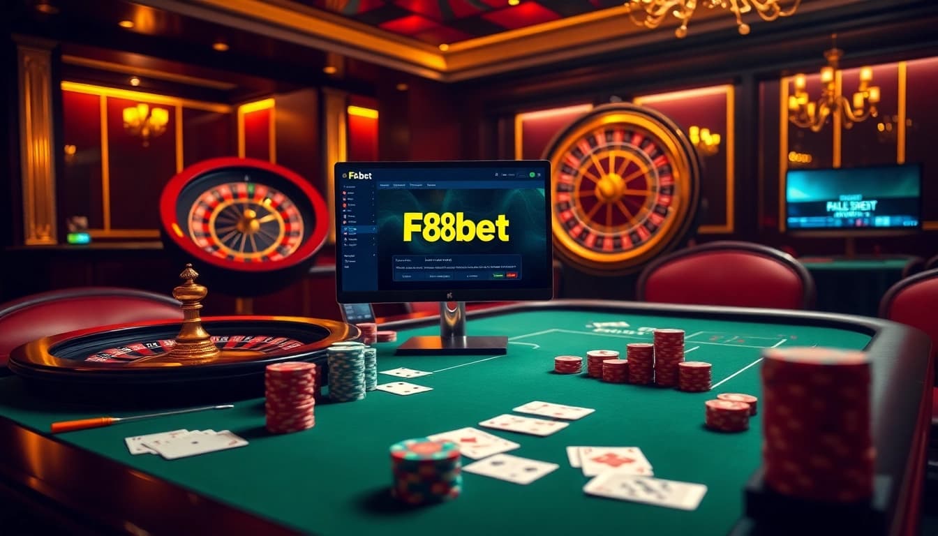 Experience the excitement of F8bet.com with vibrant casino visuals featuring tables and games.