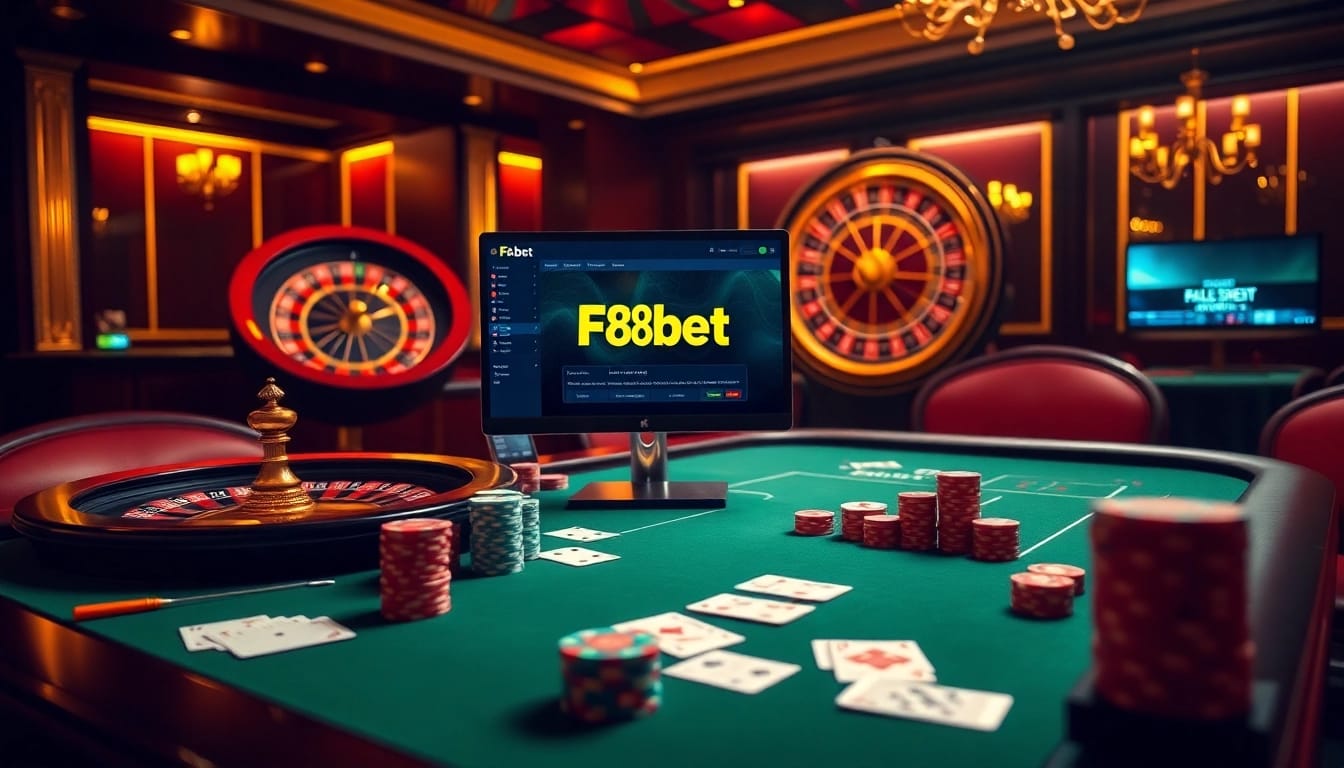 Experience the excitement of F8bet.com with vibrant casino visuals featuring tables and games.
