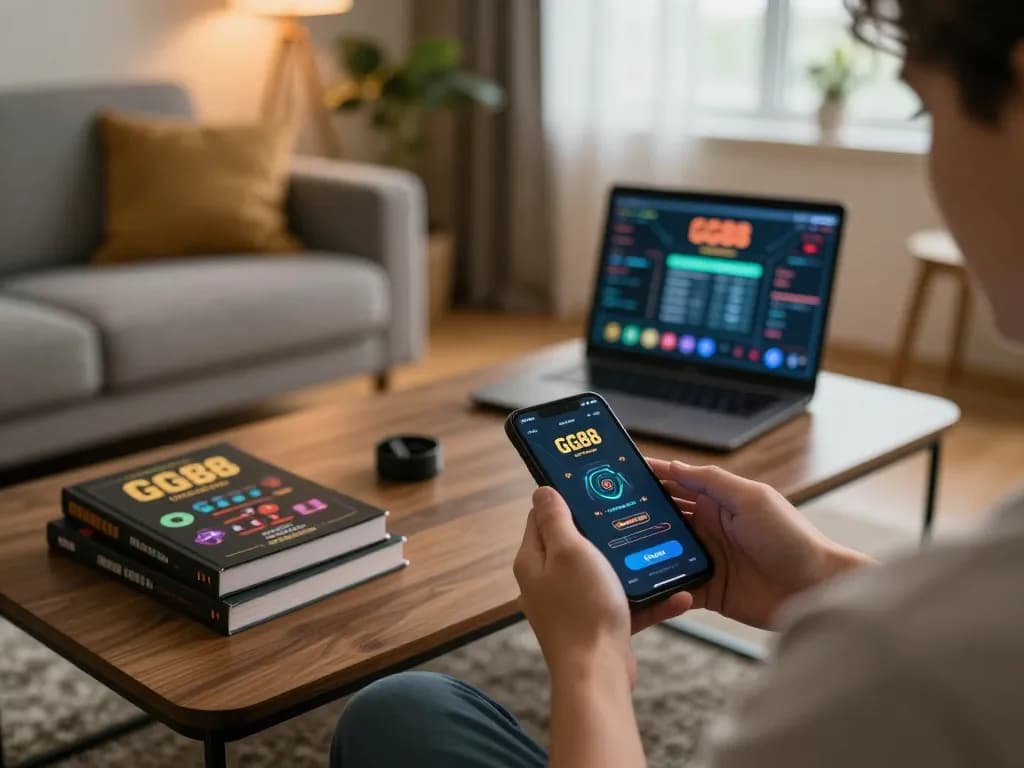 Player engaging with the GG88 app on smartphone in a cozy home environment, emphasizing online casino gaming.