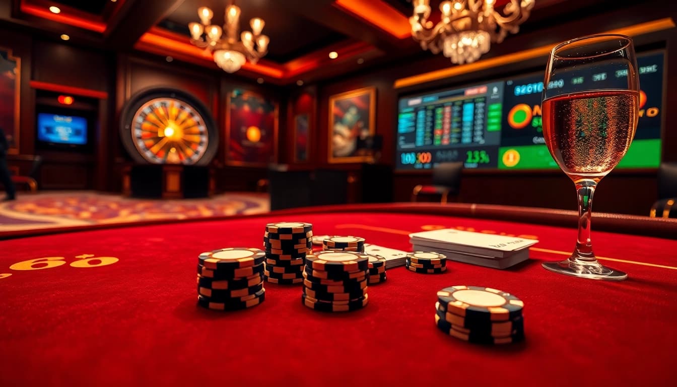 Engaging hb88 club casino experience with vibrant tables, chips, and a roulette wheel.