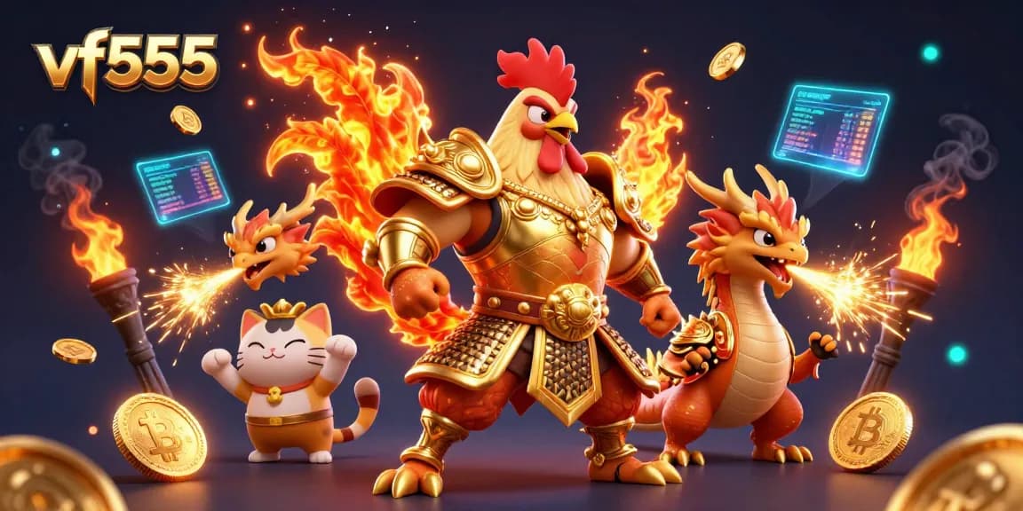 Experience thrilling casino action with vf555 in a vibrant 3D illustration featuring epic characters and gaming elements.