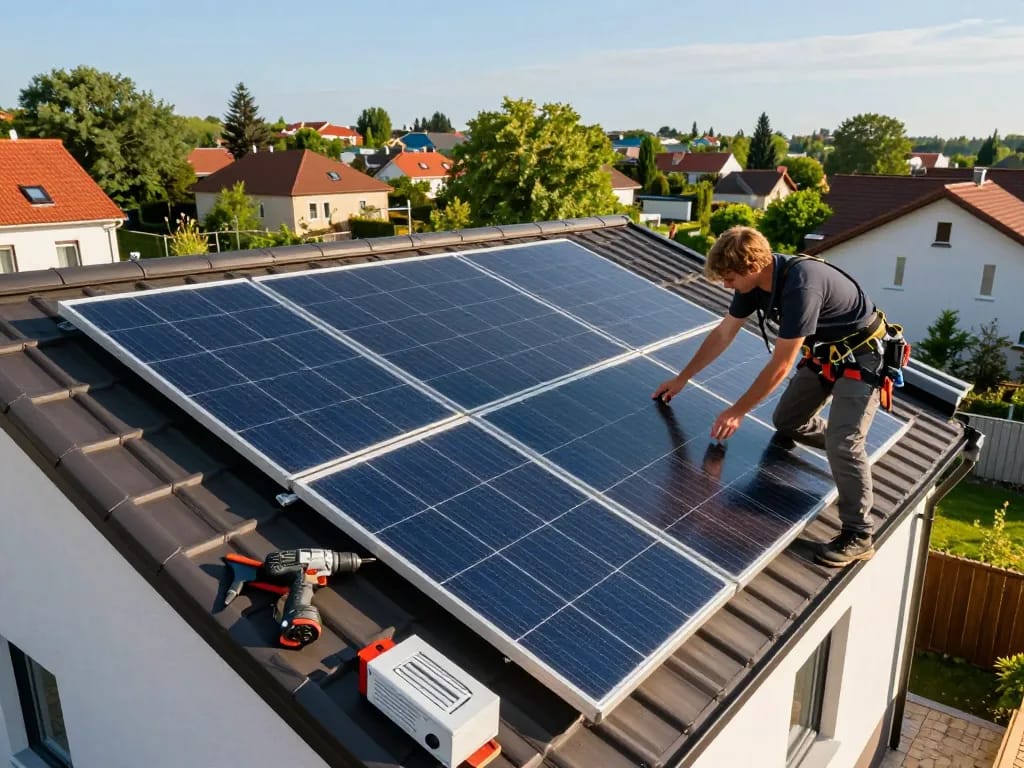 Technician installing panele fotowoltaiczne typu N on a sunny rooftop, showcasing solar energy benefits.