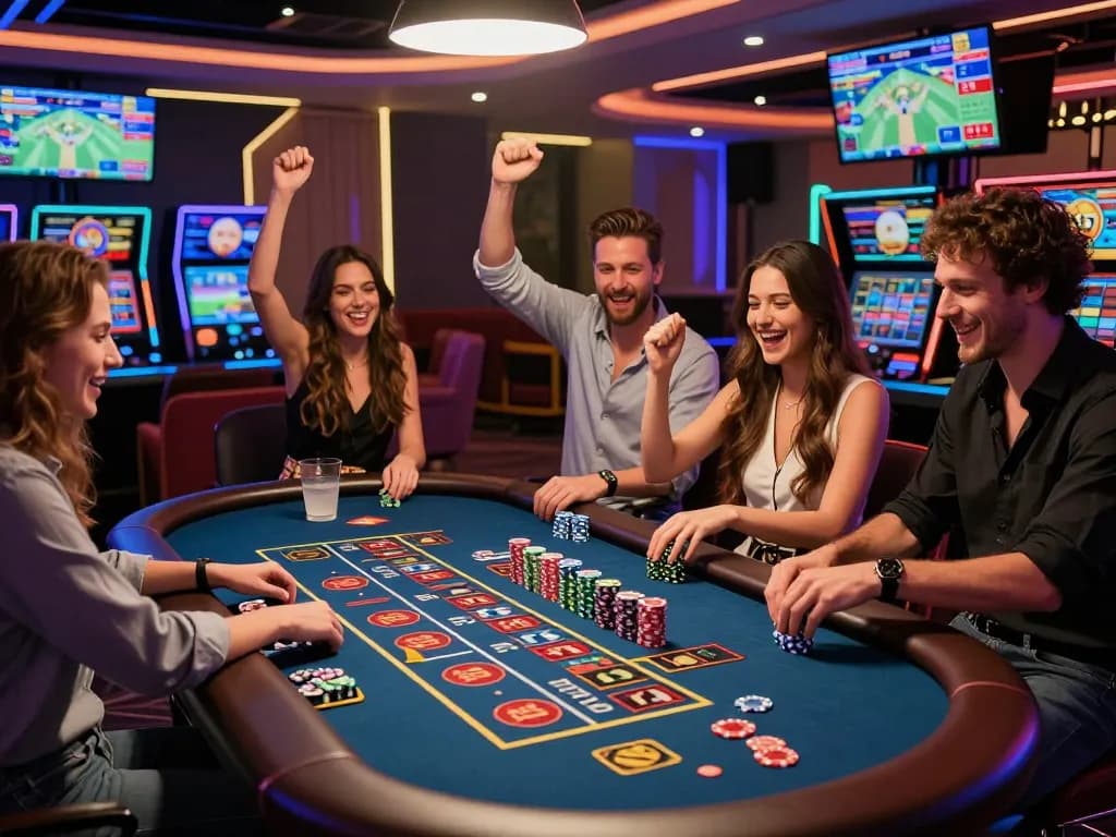 Zbet betting scene with friends celebrating at roulette table in vibrant lounge