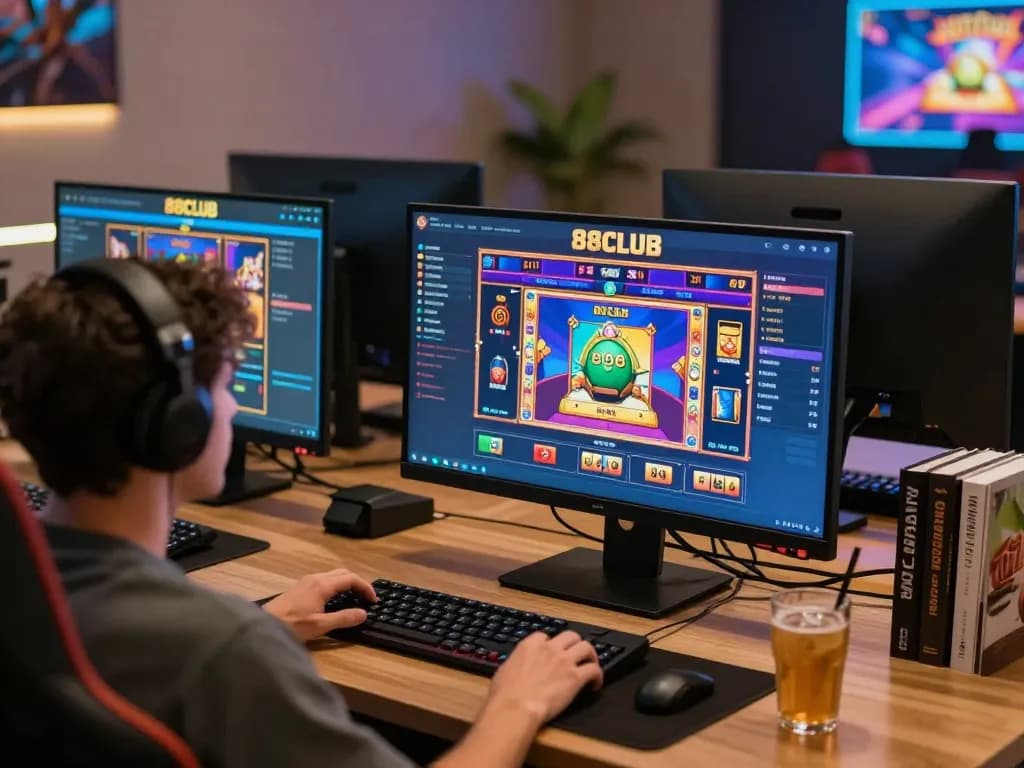Engaging player enjoying 88CLUB slot games on a stylish home gaming setup