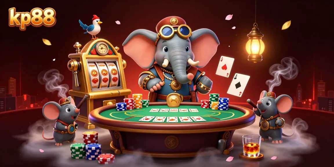 Spin the magical slot machine at kp88 with a whimsical steampunk elephant and vibrant game elements.