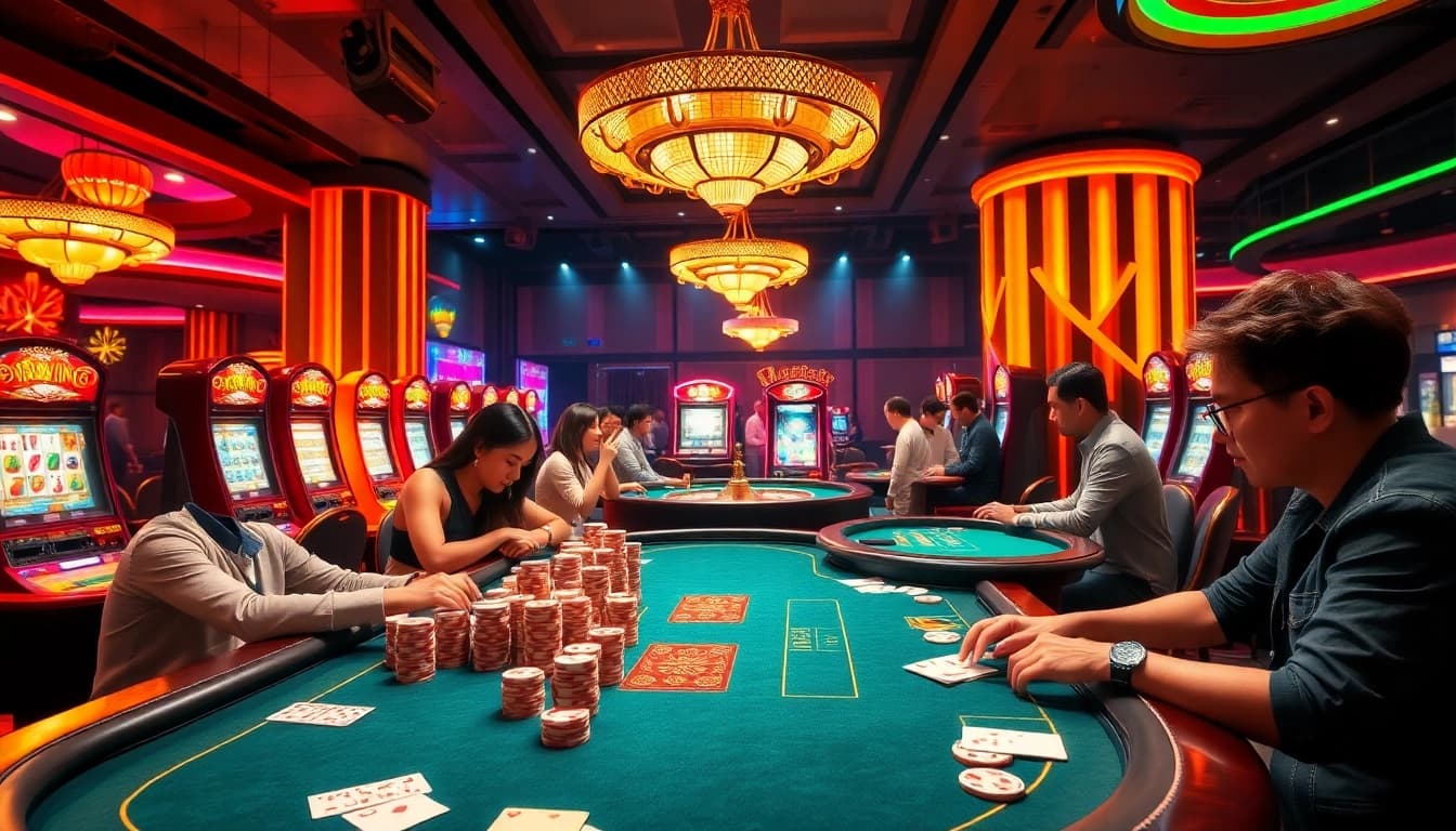 Experience the excitement of 98win game at a luxury casino with vibrant tables and engaged players.