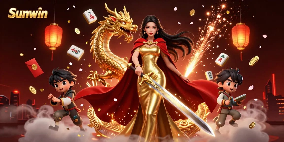 Engage with the vibrant Sunwin casino scene featuring a warrior queen and a golden dragon amidst dynamic gaming elements.