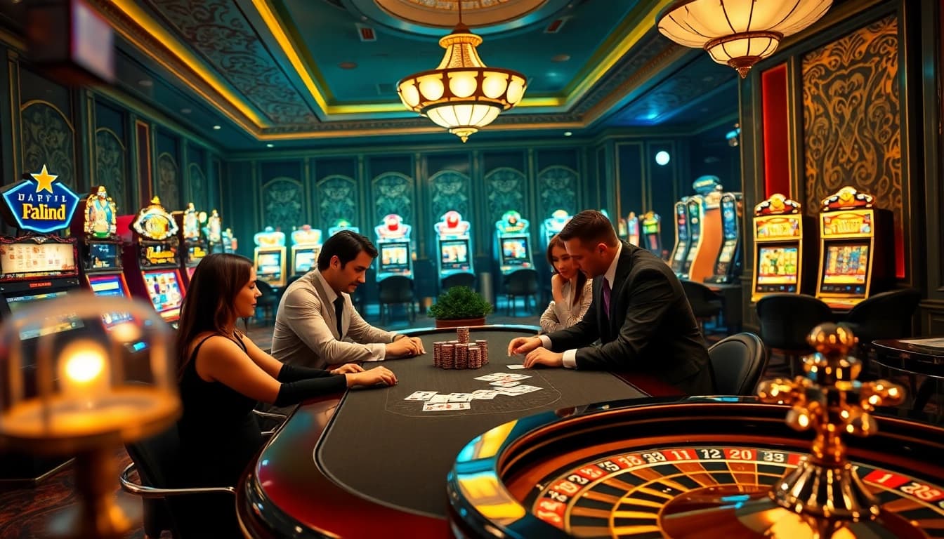 F168 players strategizing their bets at a high-stakes poker table in a luxurious casino setting.