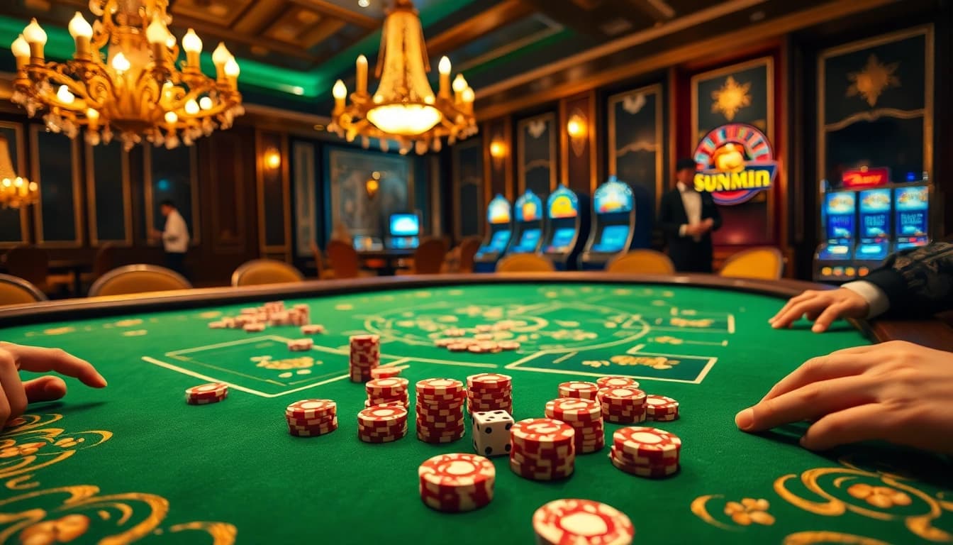 TÀI XỈU SUNWIN gaming table with vibrant poker chips and elegant decor.