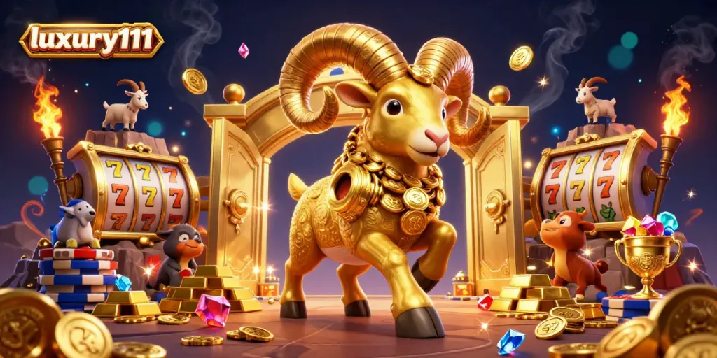 Experience luxury111 with exciting slot reels and golden treasures amidst a vibrant casino atmosphere.