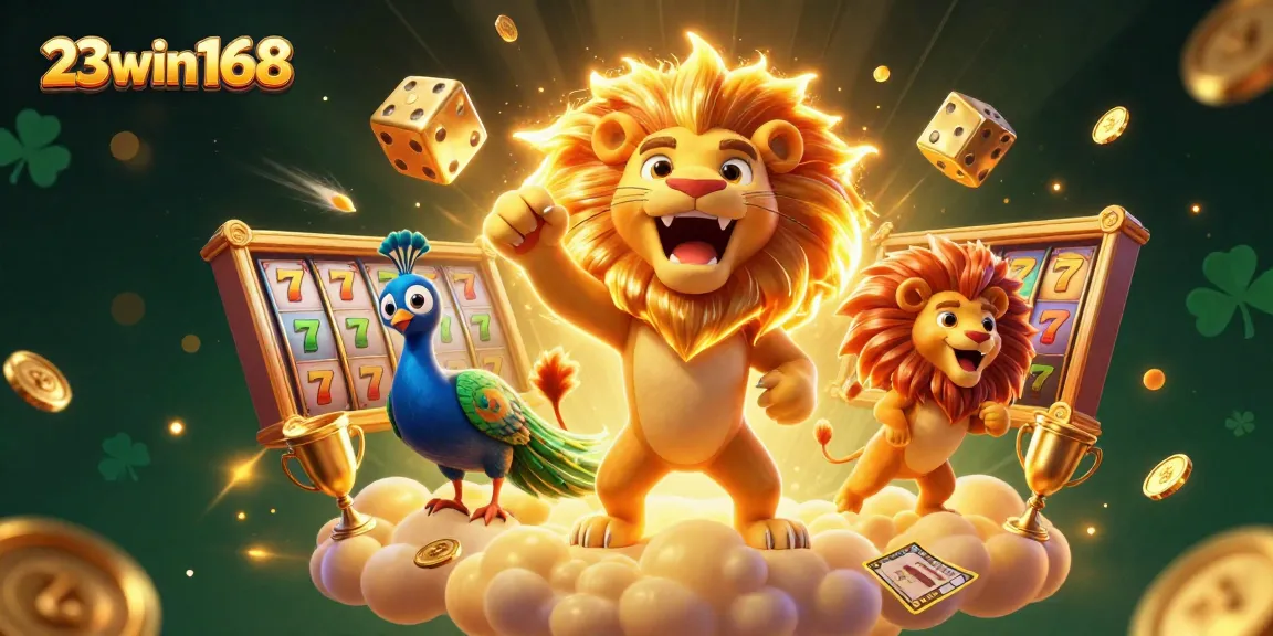 Engage in thrilling slots at 23win168 with a vibrant 3D illustration of a roaring lion amongst golden dice and jackpot reels.