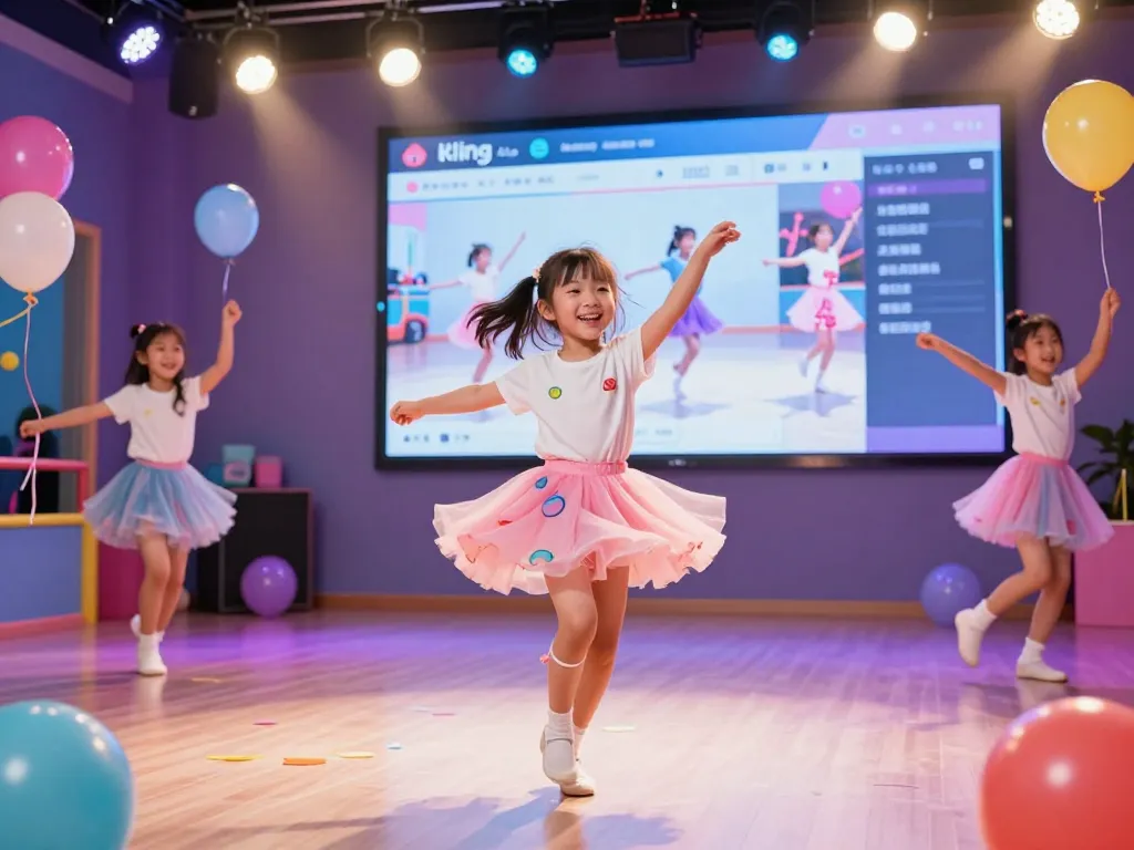 Dynamic girl dancing, showcasing kling ai dance technology in a colorful studio setting.