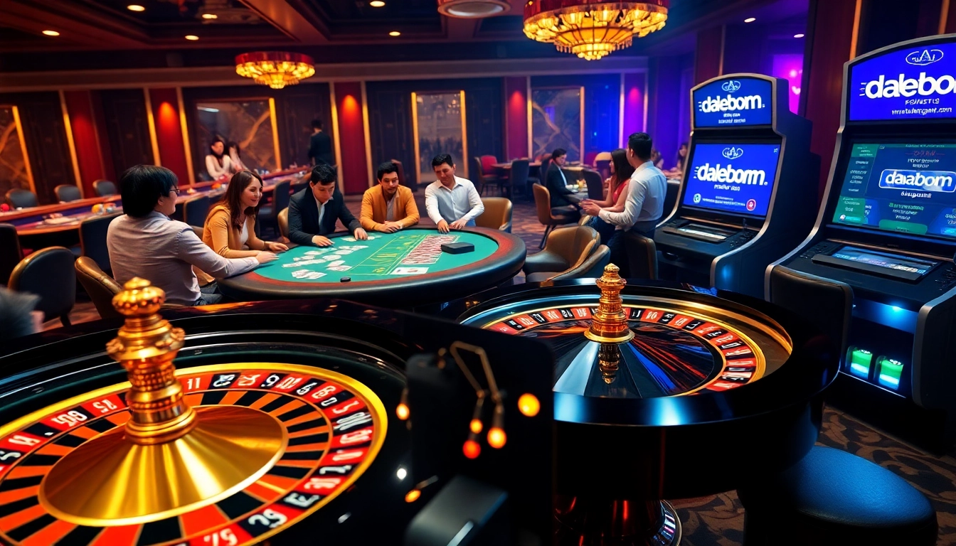Engaging scene of players at a roulette table and poker match at https://dabetgame.com/ casino, showcasing excitement.