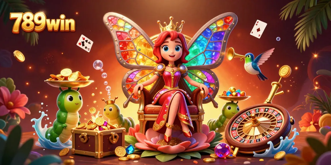 Experience the thrill of winning at 789win with a vibrant scene featuring a butterfly queen and dynamic casino elements.