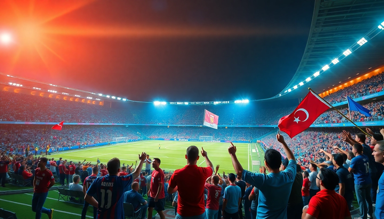 Trực tiếp bóng đá: Exciting live football match with fans cheering in a vibrant stadium.
