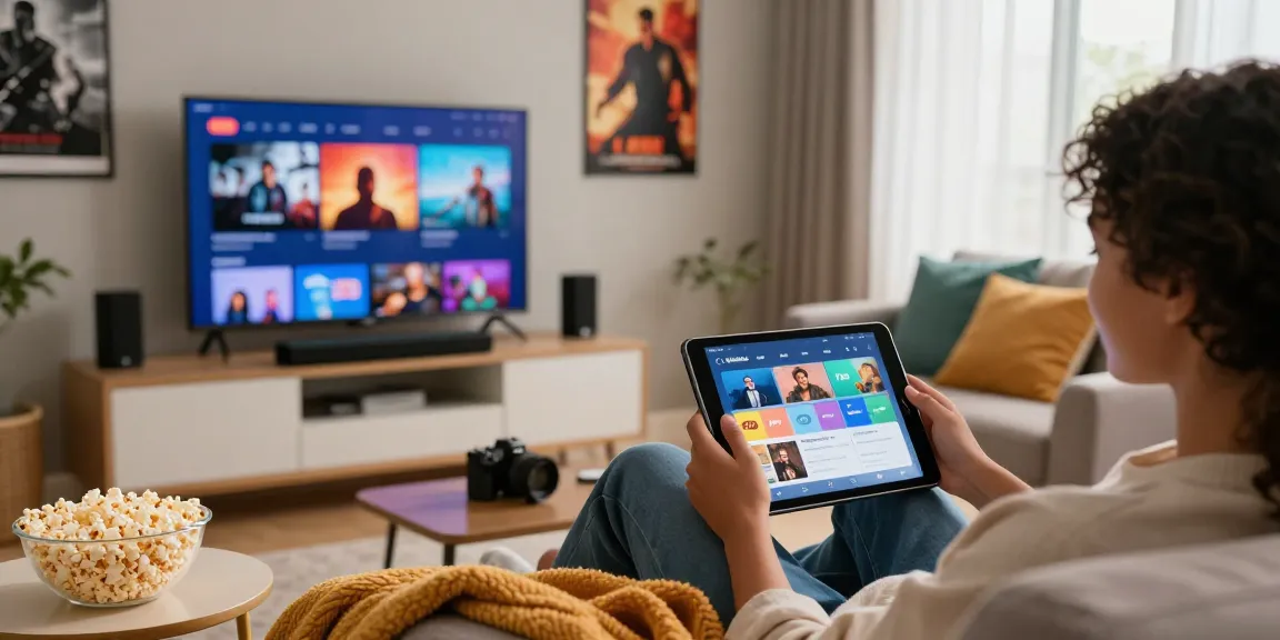 Person using Vidmate APK on a tablet in a cozy home entertainment setup with streaming devices.