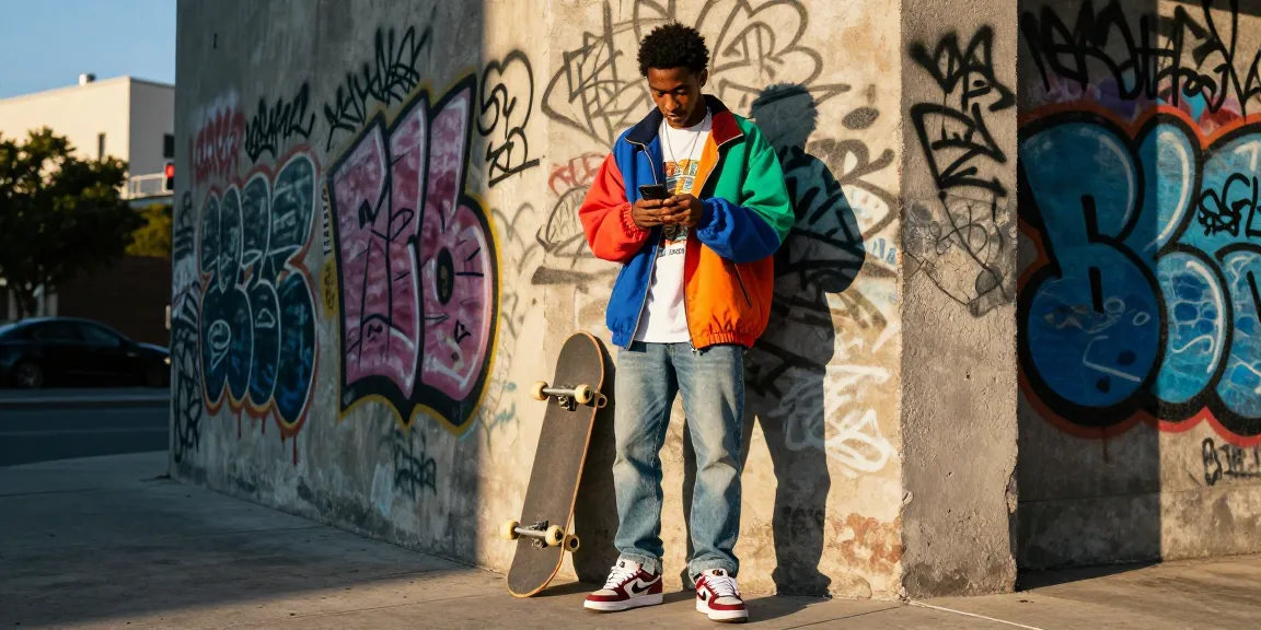 Fashionable individual in urban street style, showcasing vibrant oversized jacket and trendy accessories.