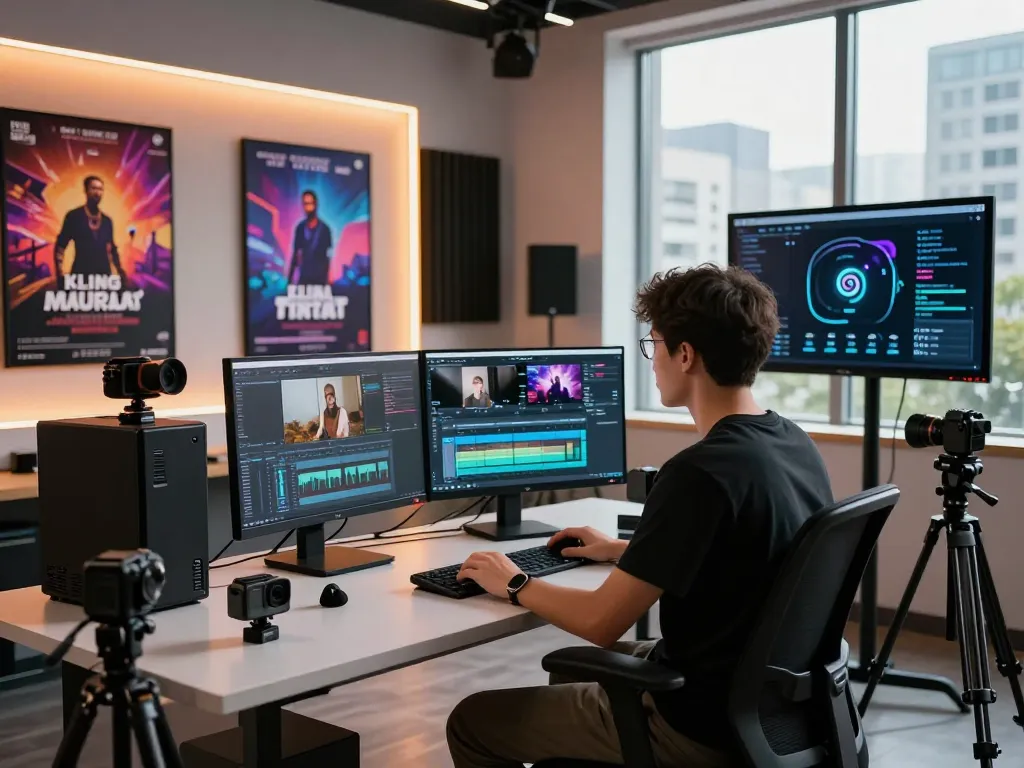 Videographer utilizing mind control technology to edit AI-generated videos in a modern studio setup.