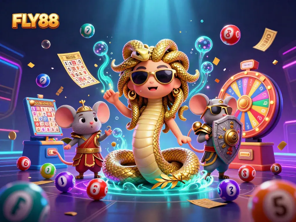 Engage with FLY88's vibrant lottery scene featuring Medusa and a warrior mouse among colorful dynamic game elements.
