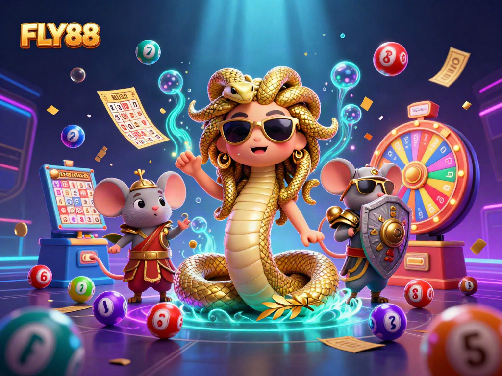 Engage with FLY88's vibrant lottery scene featuring Medusa and a warrior mouse among colorful dynamic game elements.
