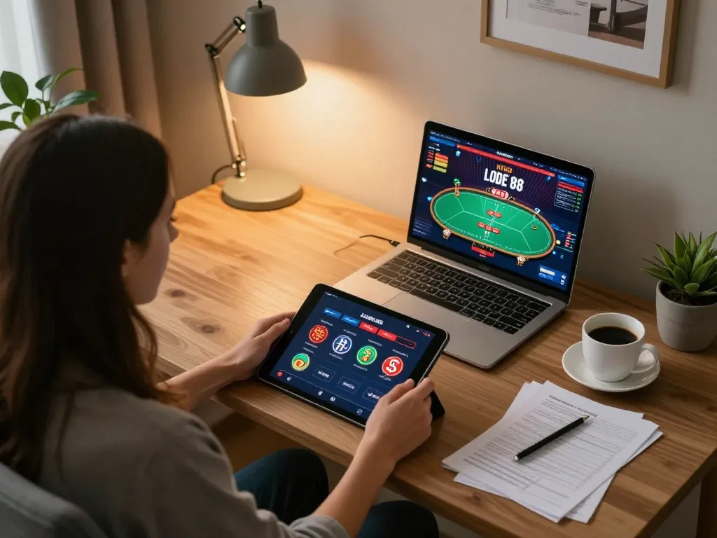 Engaging with LODE 88 app on tablet during online gaming session in inviting home office