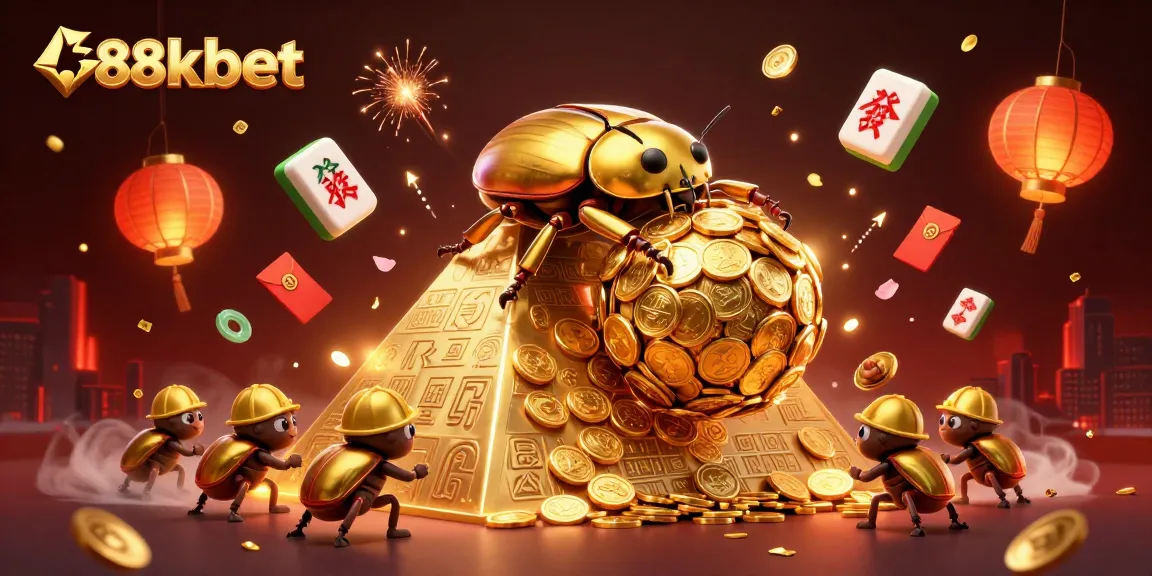 Experience fun with 88kbet as a golden beetle rolls coins up a casino pyramid, celebrating jackpot excitement.