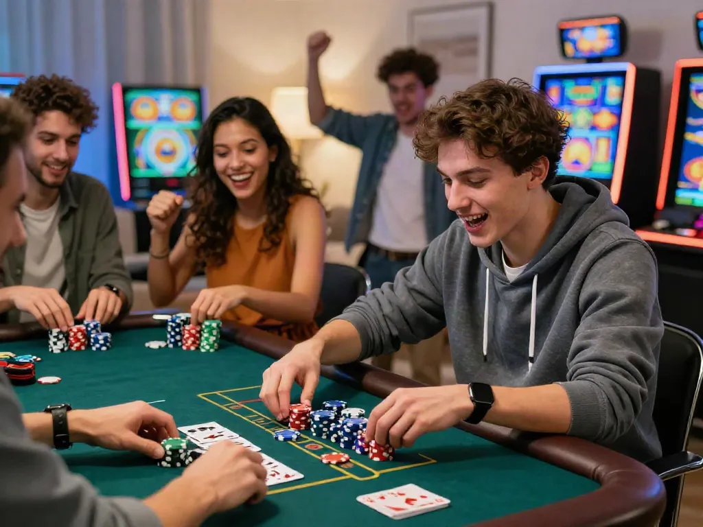 Engaged friends playing casino games on the trang chủ da88 platform in a lively living room.