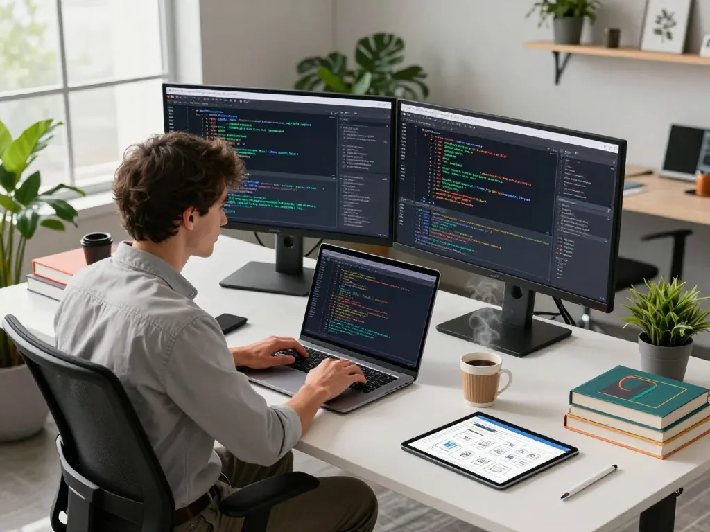 Techsslaash developer coding in a vibrant modern workspace with dual monitors and design tools.
