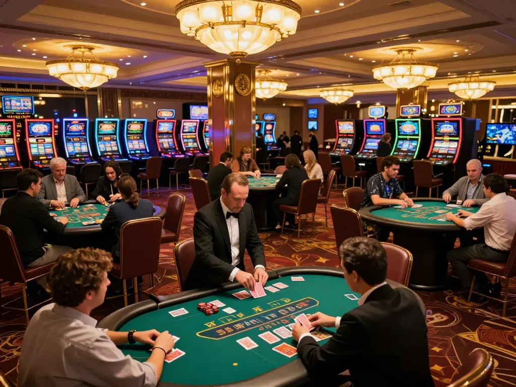 Dynamic gaming scene at trang chủ luck8 with players at poker tables and vibrant slot machines.