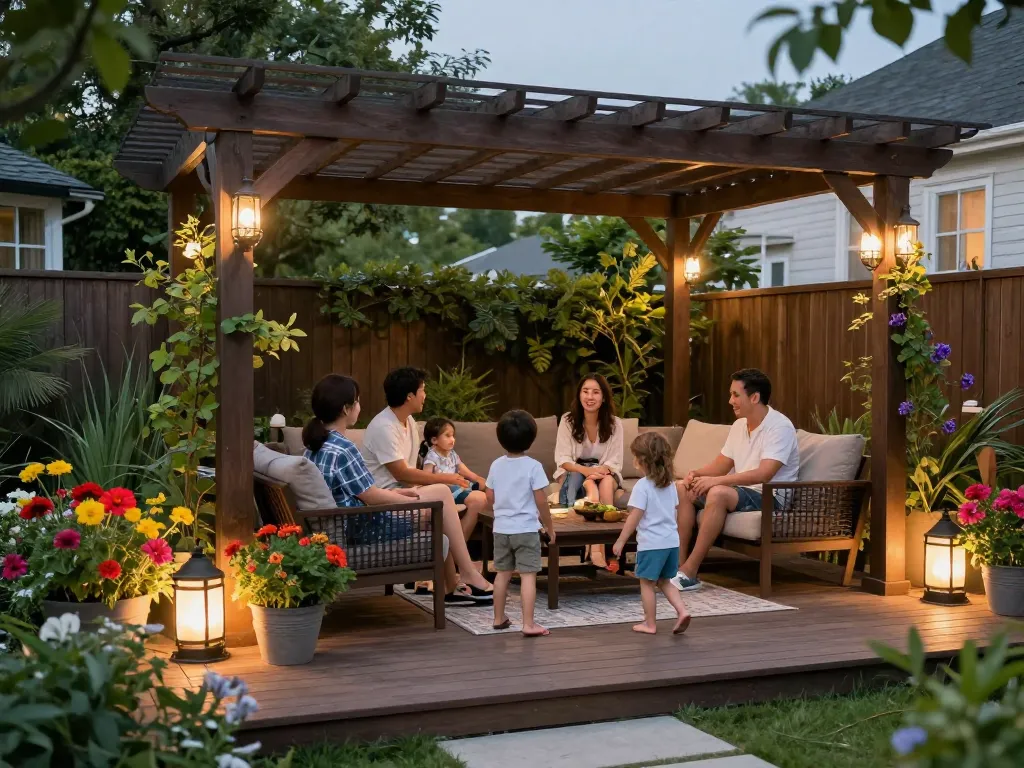 Family enjoying a pergola configurator designed outdoor space with cozy furniture and vibrant plants.