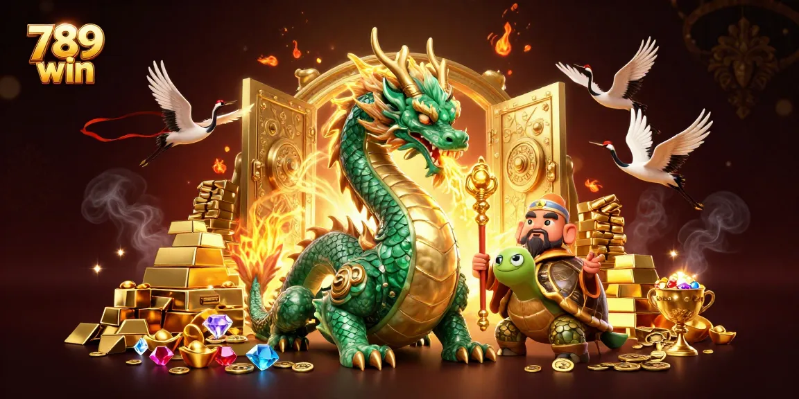 Experience the excitement of 789 win with a jade dragon and treasures scattered in this casino illustration.