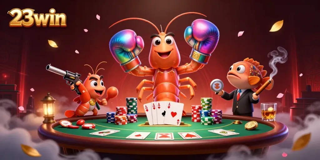 Experience thrilling action at 23win casino with vibrant characters, poker elements, and dramatic lighting!
