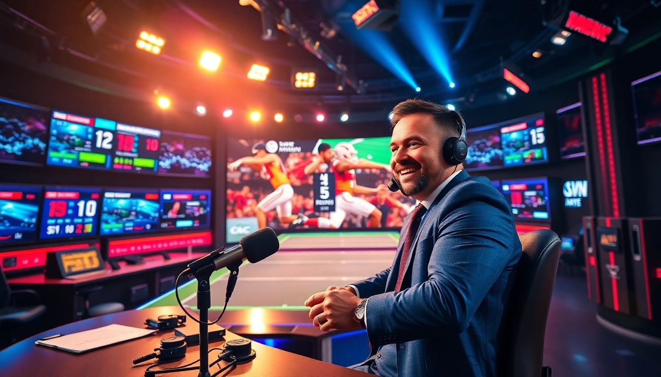 Engaging sports broadcasting studio showcasing a leading broadcaster with live game stats displayed.