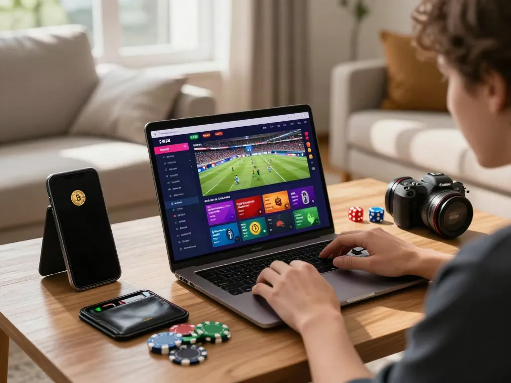 Engaged user exploring zbet online betting platform with colorful interface and gaming accessories.