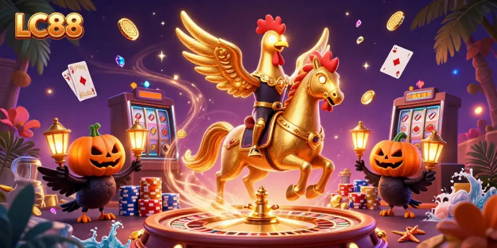 Experience thrilling gameplay at LC88 with the golden rooster and vibrant casino elements.