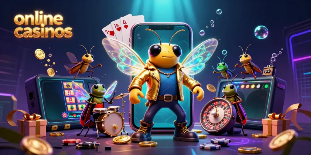 Experience the excitement of online casinos with a vibrant scene featuring a cicada rock star, coins, and slot games.