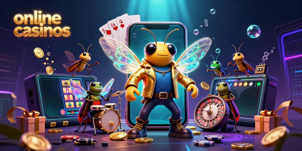 Experience the excitement of online casinos with a vibrant scene featuring a cicada rock star, coins, and slot games.