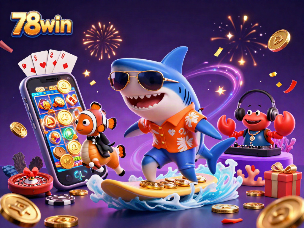 Experience the thrill of 78win with a colorful casino-themed illustration featuring a shark, clownfish, and crab DJ.